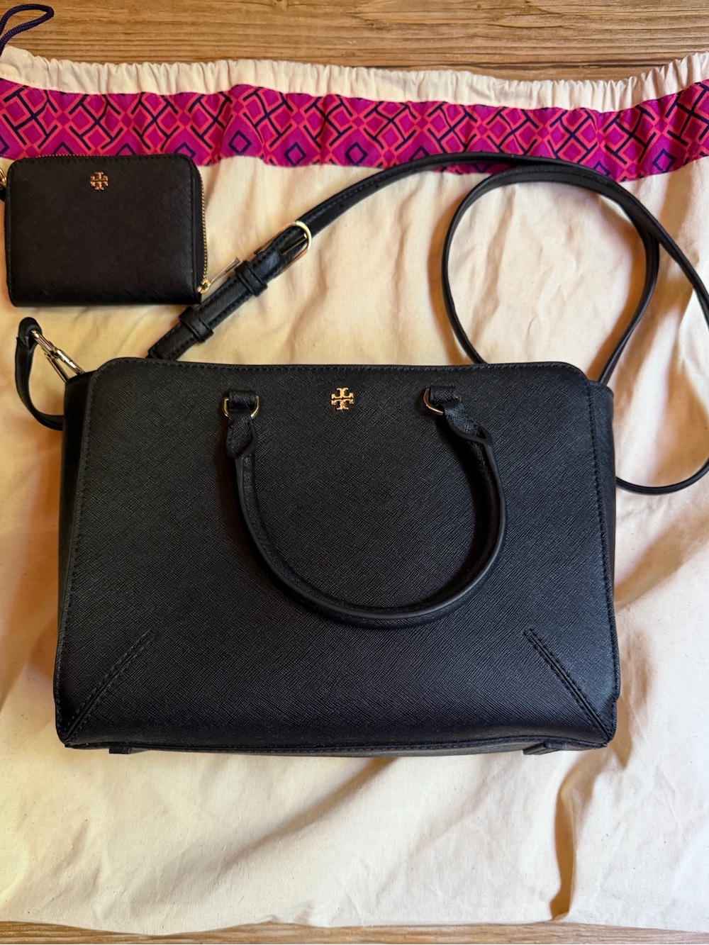 Tory Burch Black Saffiano Satchel with Gold Logo